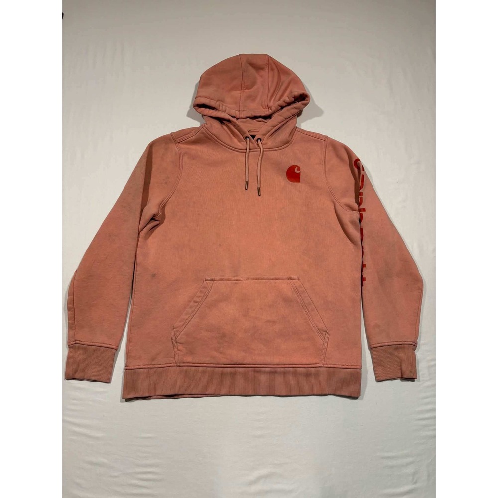 Carhartt Relaxed Fit Hoodie Salmon Pink Graphic‎ Sleeve Logo Pullover Large L